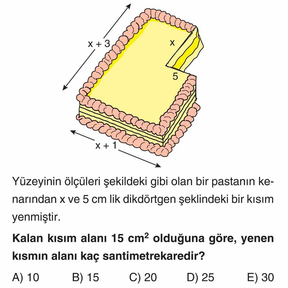 Yüzeyinin ölçüleri şekildeki gibi olan bir pastanın kenarından x ve 5 cm lik dikdörtgen şeklindeki