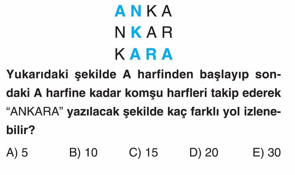 Yukarıdaki şekilde A harfinden başlayıp sondaki A harfine kadar komşu harfleri takip ederek "ANKARA"