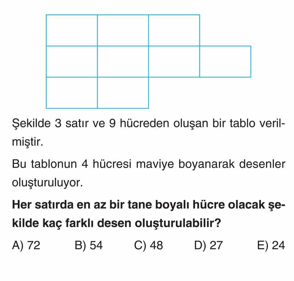 Şekilde 3 satır ve 9 hücreden oluşan bir tablo verilmiştir. Bu tablonun 4 hücresi maviye boyanarak