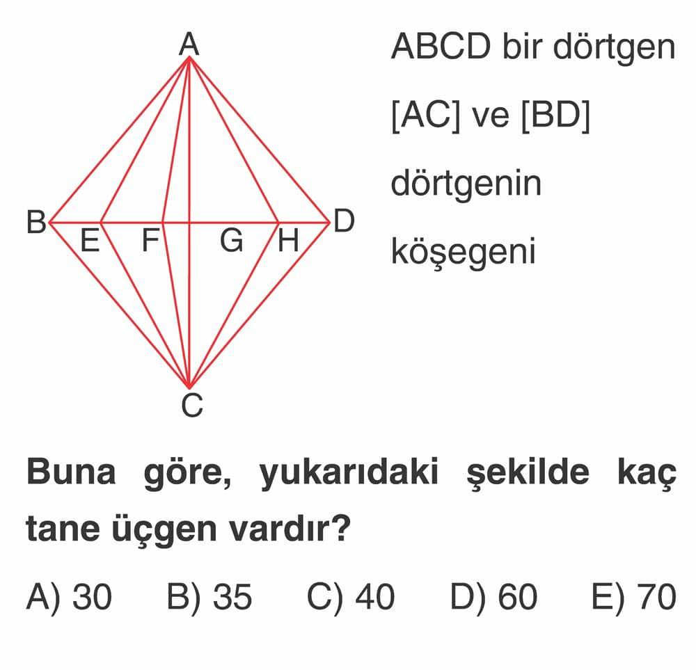 ABCD bir dörtgen [AC] ve [BD] dörtgenin köşegeni Buna göre, yukarıdaki şekilde kaç tane üçgen