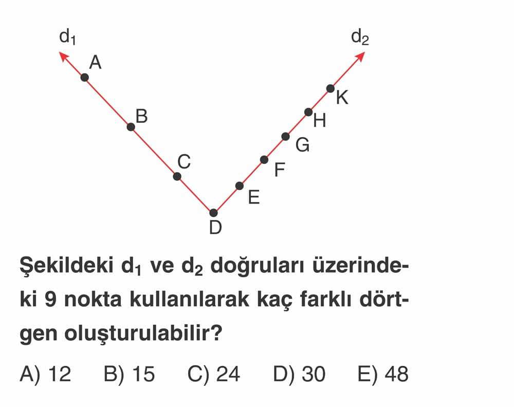 Şekildeki d₁ ve d₂ doğruları üzerindeki 9 nokta kullanılarak kaç farklı dörtgen oluşturulabilir?
