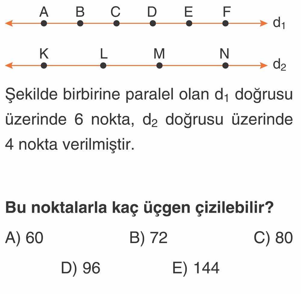 Şekilde birbirine paralel olan d₁ doğrusu üzerinde 6 nokta, d₂ doğrusu üzerinde 4 nokta verilmiştir