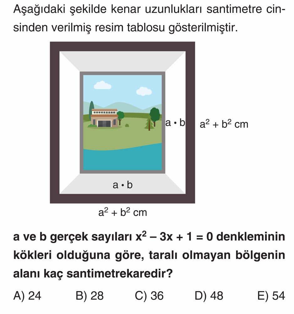 Aşağıdaki şekilde kenar uzunlukları santimetre cinsinden verilmiş resim tablosu gösterilmiştir. a ve
