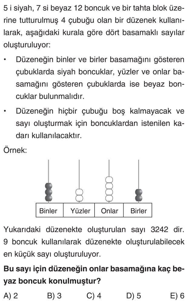5 i siyah, 7 si beyaz 12 boncuk ve bir tahta blok üzerine tutturulmuş 4 çubuğu olan bir düzenek