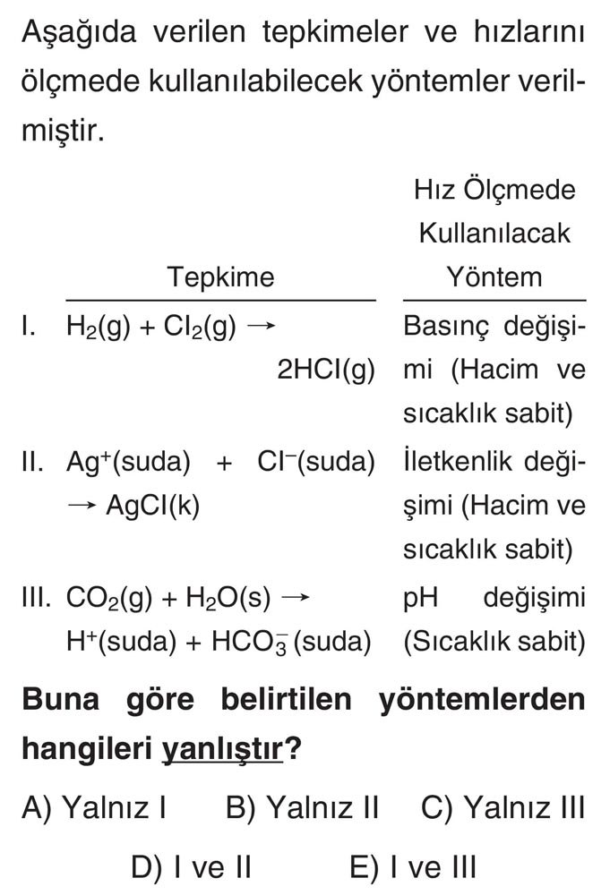 Aşağıda verilen tepkimeler ve hızlarını ölçmede kullanılabilecek yöntemler verilmiştir. Hız Ölçmede
