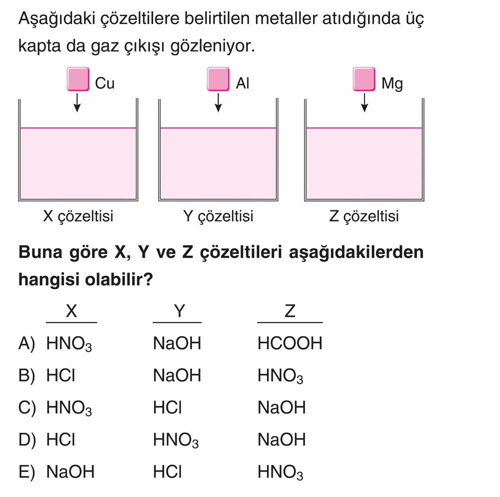 Aşağıdaki çözeltilere belirtilen metaller atıldığında üç kapta da gaz çıkışı gözleniyor. X çözeltisi