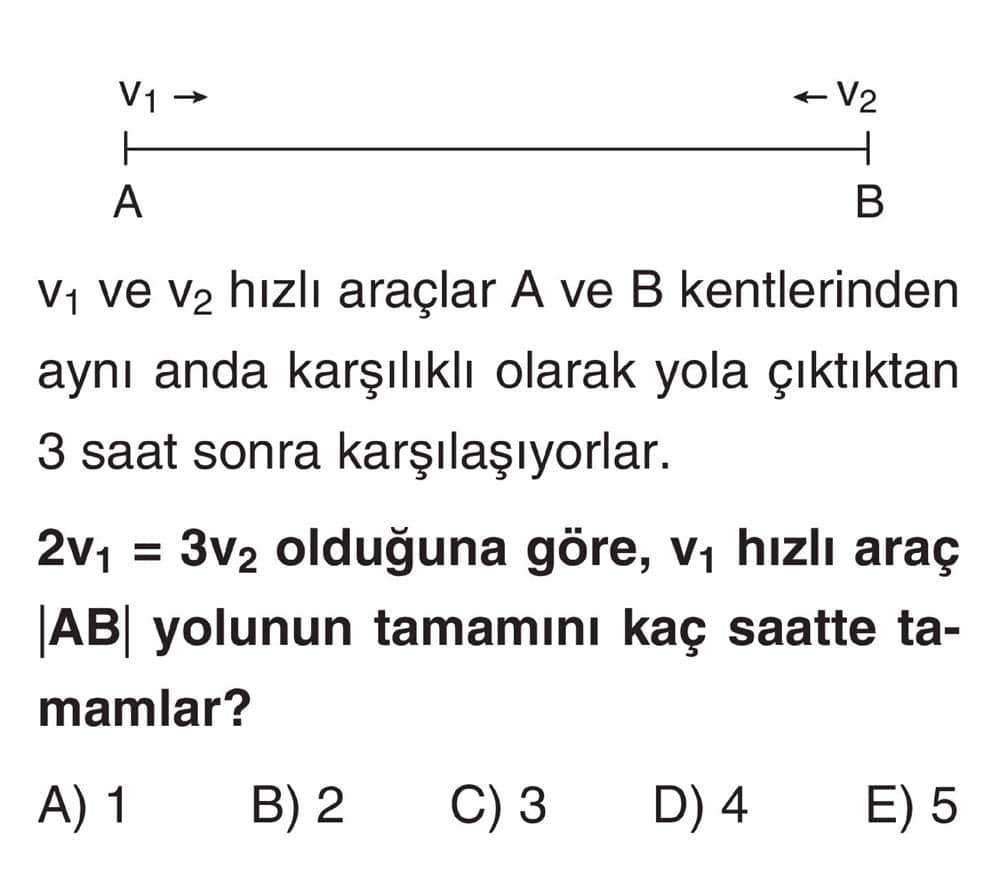 v₁ ve v₂ hızlı araçlar A ve B kentlerinden aynı anda karşılıklı olarak yola çıktıktan 3 saat sonra