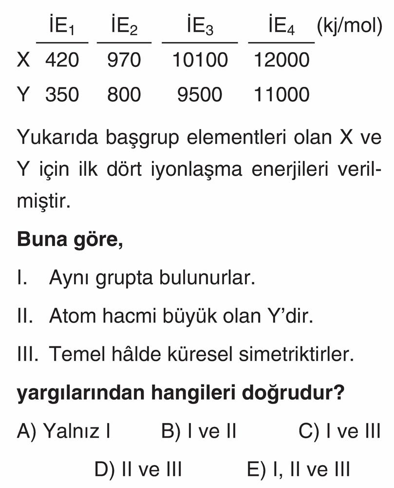 Yukarıda başgrup elementleri olan X ve Y için ilk dört iyonlaşma enerjileri verilmiştir. Buna göre