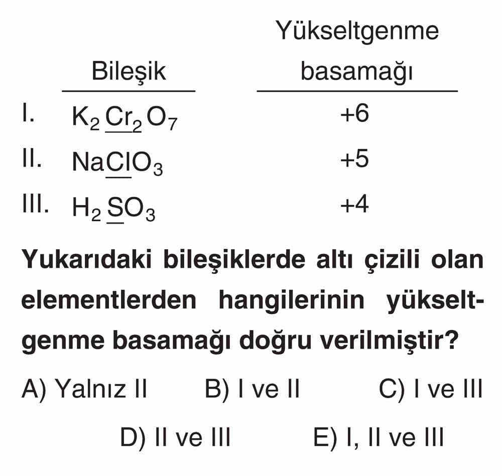 Yükseltgenme Bileşik basamağı I. K₂Cr₂O₇ +6 II. NaClO₃ +5 III. H₂SO₃ +4 Yukarıdaki bileşiklerde altı