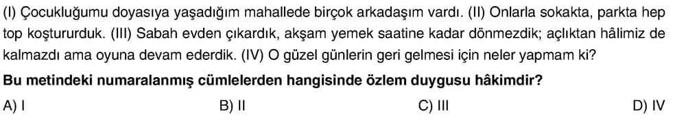 (I) Çocukluğumu doyasıya yaşadığım mahallede birçok arkadaşım vardı. (II) Onlarla sokakta, parkta