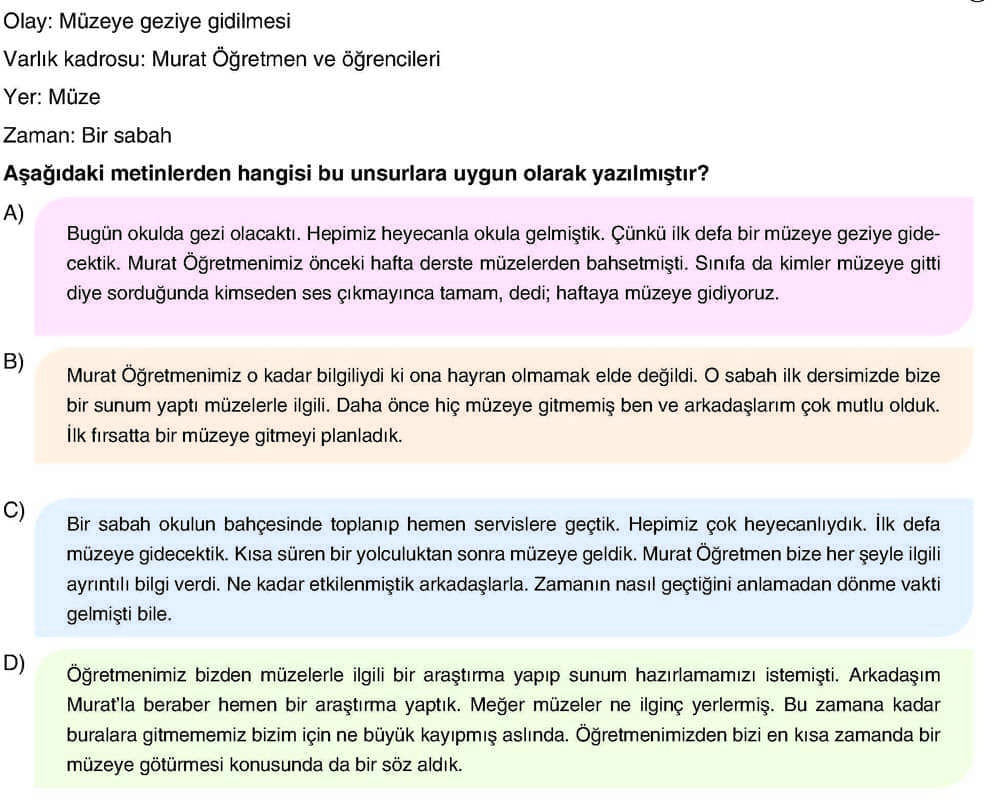 Olay: Müzeye geziye gidilmesi Varlık kadrosu: Murat Öğretmen ve öğrencileri Yer: Müze Zaman: Bir