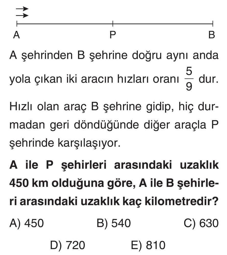 A şehrinden B şehrine doğru aynı anda yola çıkan iki aracın hızları oranı 5/9 dur. Hızlı olan araç B