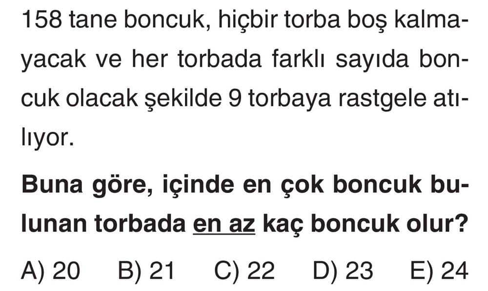 158 tane boncuk, hiçbir torba boş kalmayacak ve her torbada farklı sayıda boncuk olacak şekilde 9