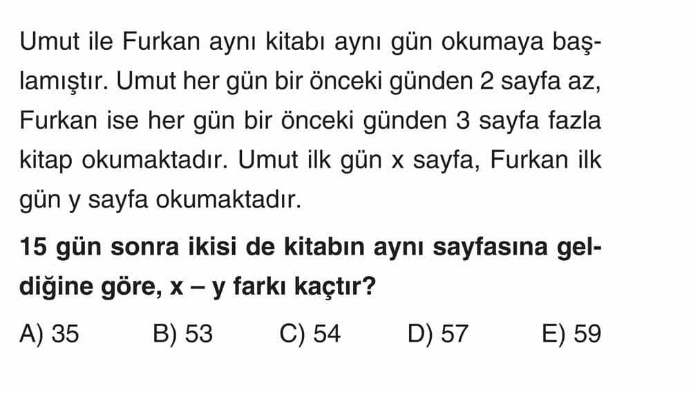Umut ile Furkan aynı kitabı aynı gün okumaya başlamıştır. Umut her gün bir önceki günden 2 sayfa az