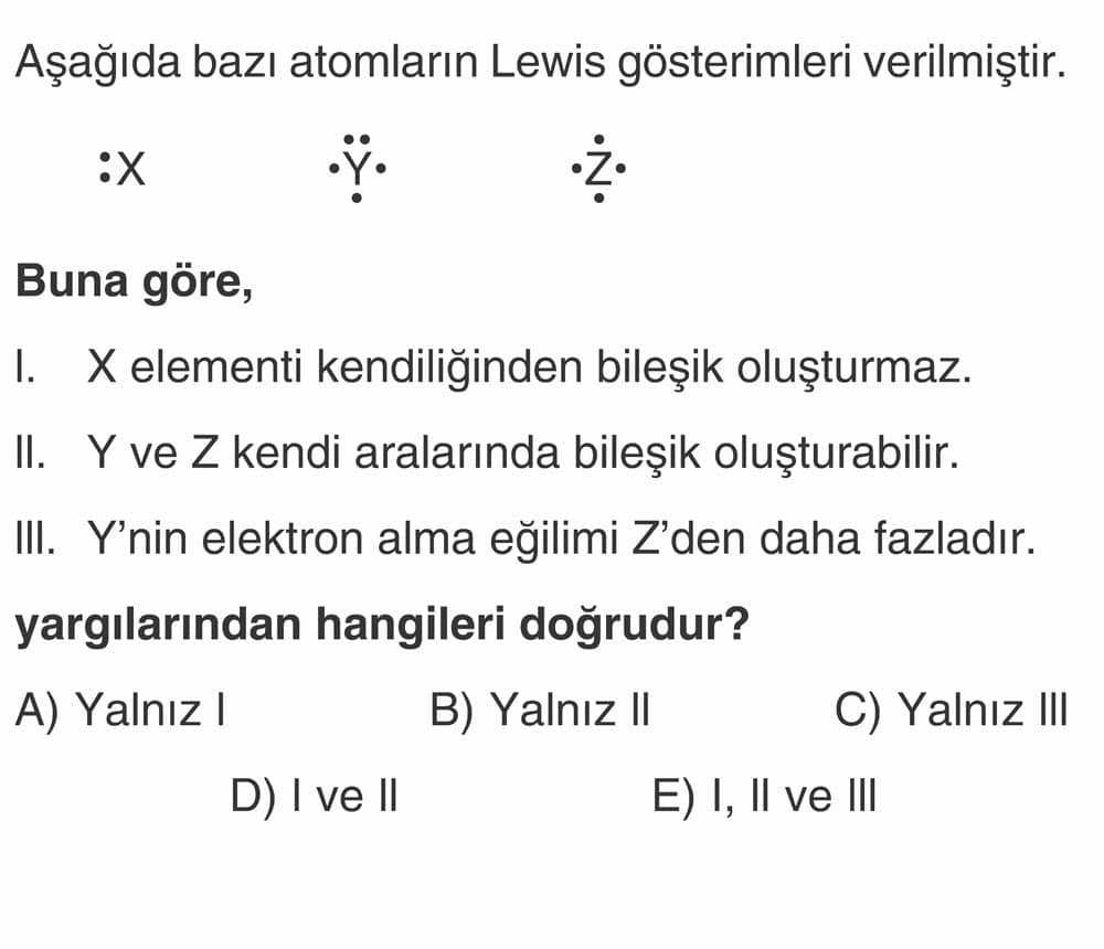 Aşağıda bazı atomların Lewis gösterimleri verilmiştir. Buna göre, I. X elementi kendiliğinden