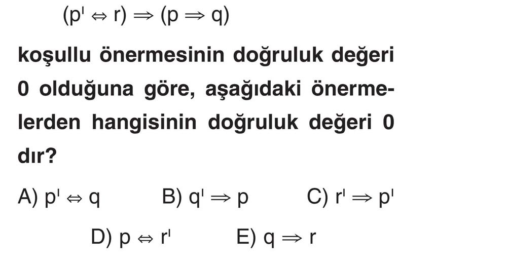 (p' ⇔ r) ⇒ (p ⇒ q) koşullu önermesinin doğruluk değeri 0 olduğuna göre, aşağıdaki önermelerden