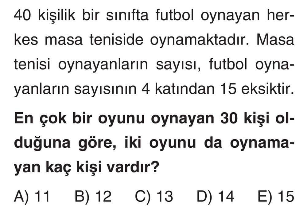 40 kişilik bir sınıfta futbol oynayan herkes masa tenisinde oynamaktadır. Masa tenisi oynayanların