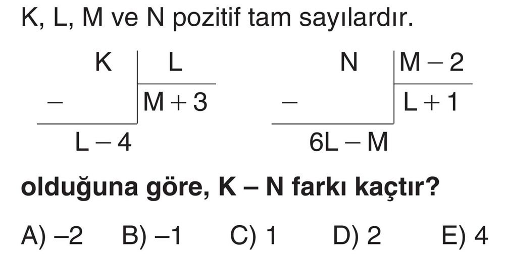 K, L, M ve N pozitif tam sayılardır. K = L.(M+3) + (L-4) N = (M-2).(L+1) + (6L-M) olduğuna göre, K