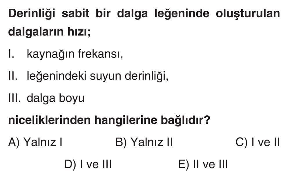 Derinliği sabit bir dalga leğeninde oluşturulan dalgaların hızı; I. kaynağın frekansı, II