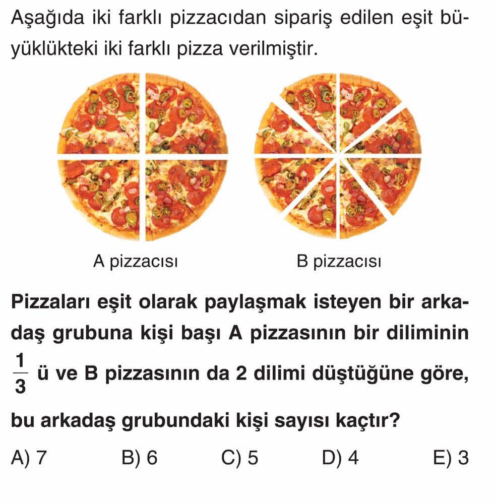 Aşağıda iki farklı pizzacıdan sipariş edilen eşit büyüklükteki iki farklı pizza verilmiştir