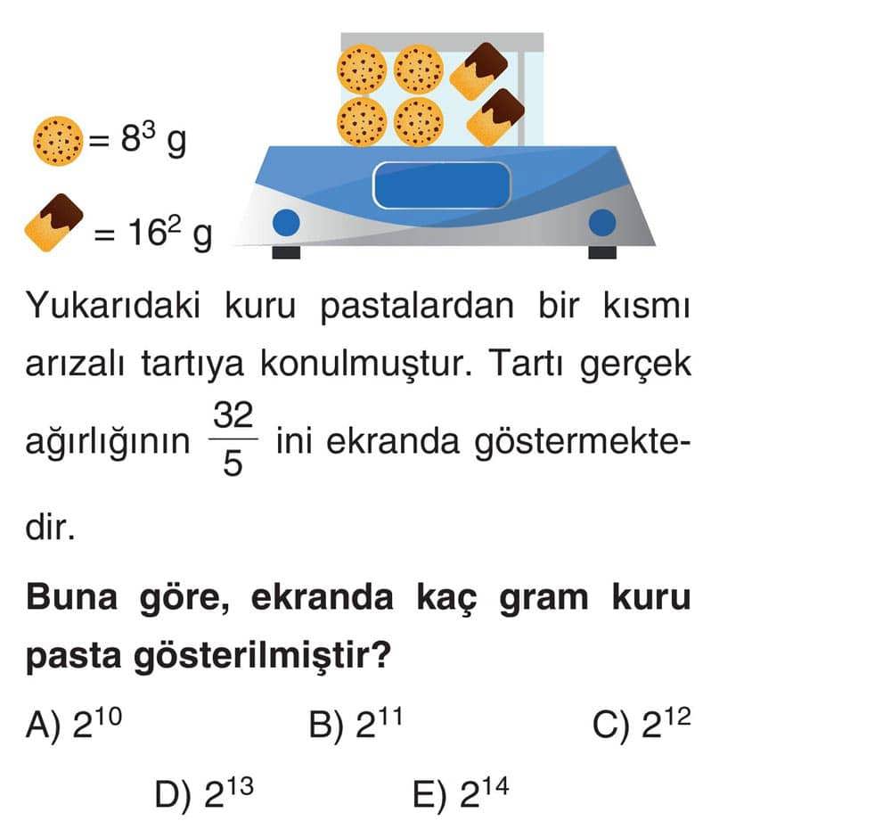 Yukarıdaki kuru pastalardan bir kısmı arızalı tartıya konulmuştur. Tartı gerçek ağırlığının 32/5 ini