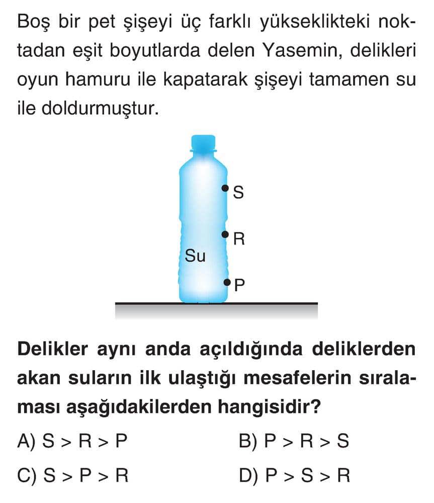 Boş bir pet şişeyi üç farklı yükseklikteki noktadan eşit boyutlarda delen Yasemin, delikleri oyun