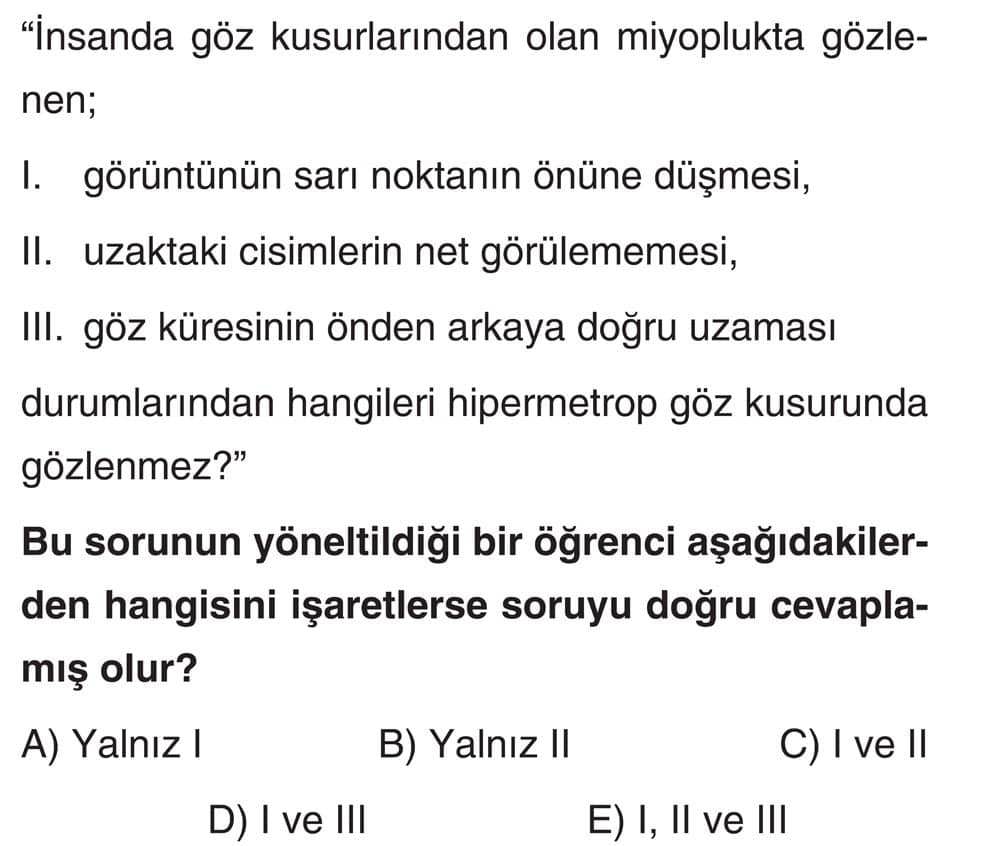 "İnsanda göz kusurlarından olan miyoplukta gözlenen; I. görüntünün sarı noktanın önüne düşmesi, II
