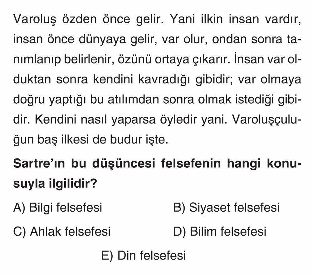 Varoluş özden önce gelir. Yani ilkin insan vardır, insan önce dünyaya gelir, var olur, ondan sonra