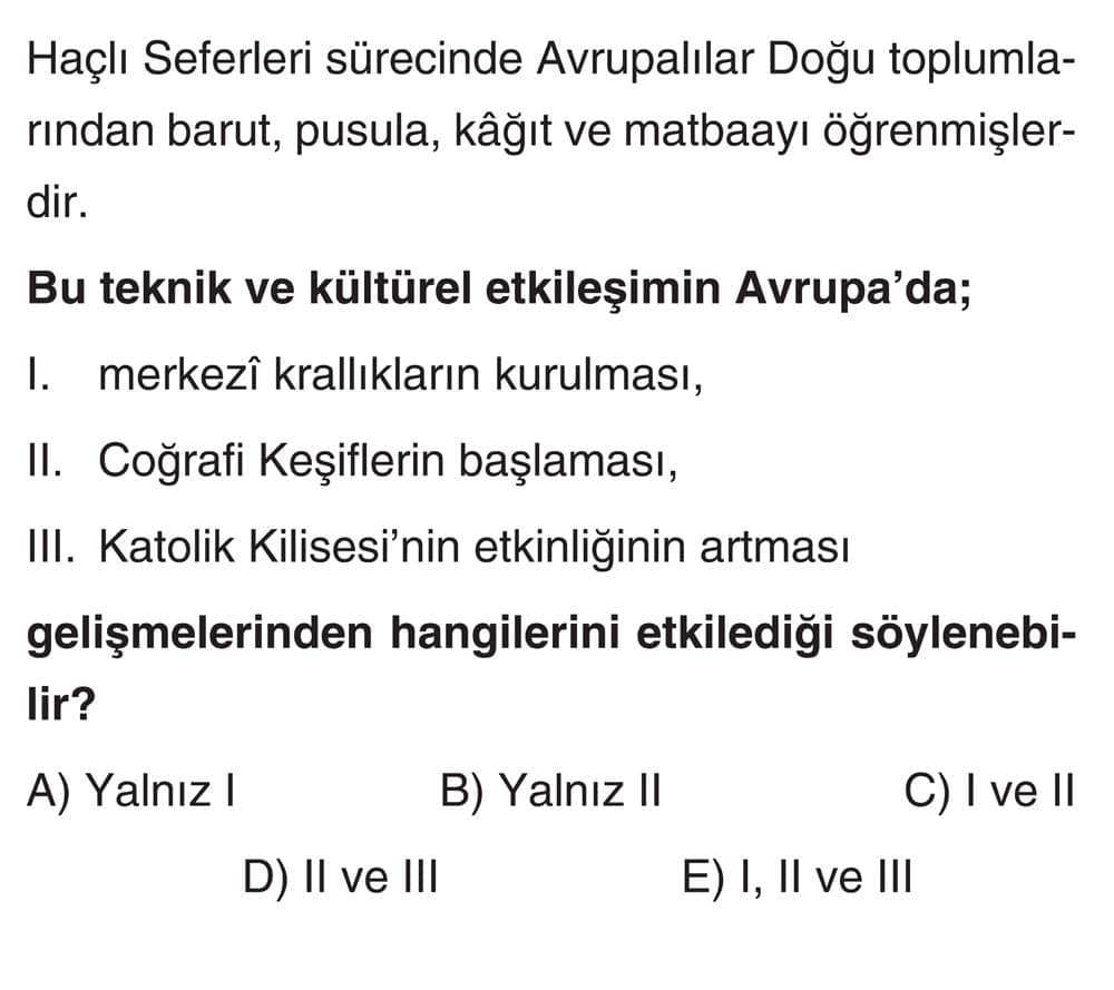 Haçlı Seferleri sürecinde Avrupalılar Doğu toplumlarından barut, pusula, kâğıt ve matbaayı
