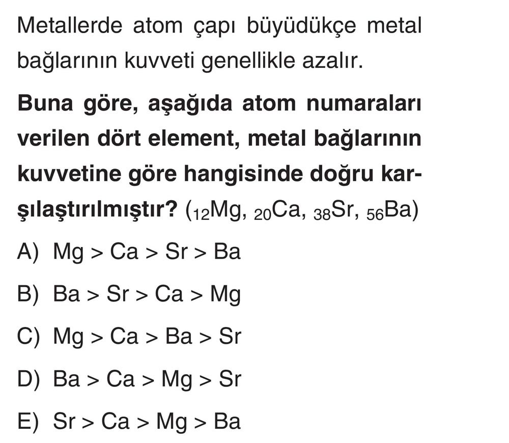 Metallerde atom çapı büyüdükçe metal bağlarının kuvveti genellikle azalır. Buna göre, aşağıda atom