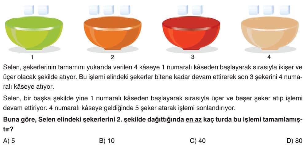 Selen, şekerlerinin tamamını yukarıda verilen 4 kâseye 1 numaralı kâseden başlayarak sırasıyla