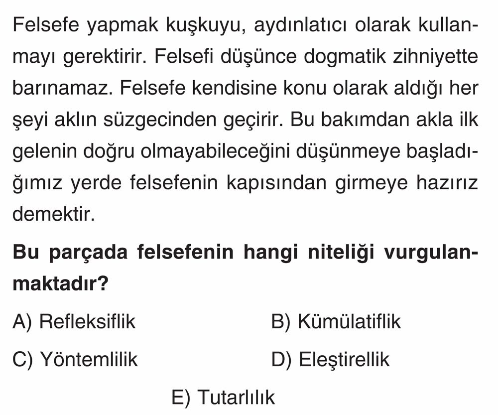 Felsefe yapmak kuşkuyu, aydınlatıcı olarak kullanmayı gerektirir. Felsefi düşünce dogmatik