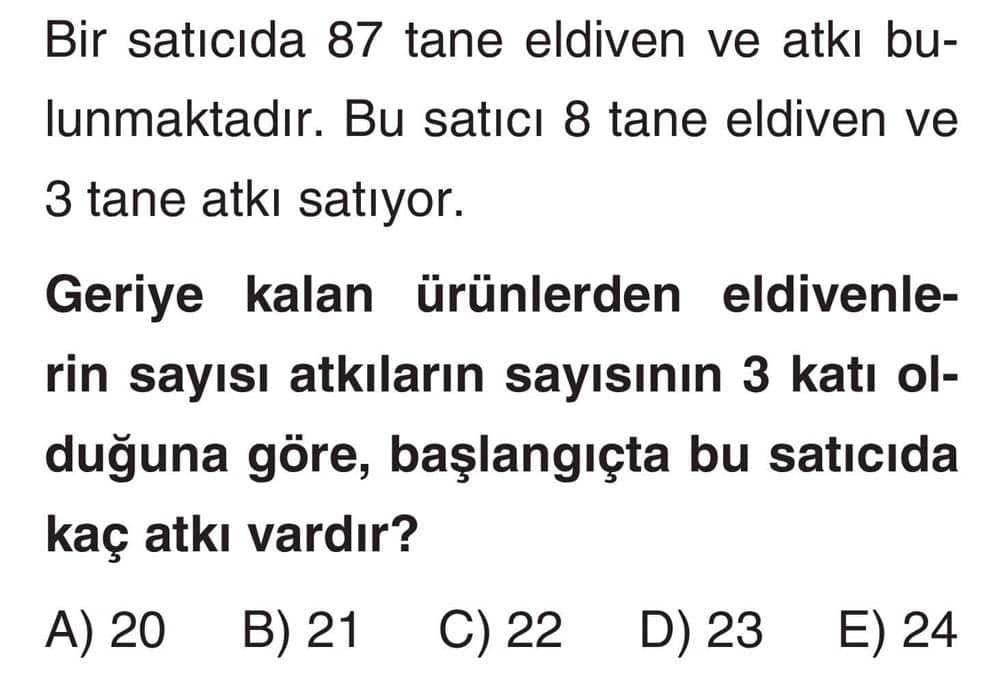 Bir satıcıda 87 tane eldiyen ve atkı bulunmaktadır. Bu satıcı 8 tane eldiven ve 3 tane atkı satıyor