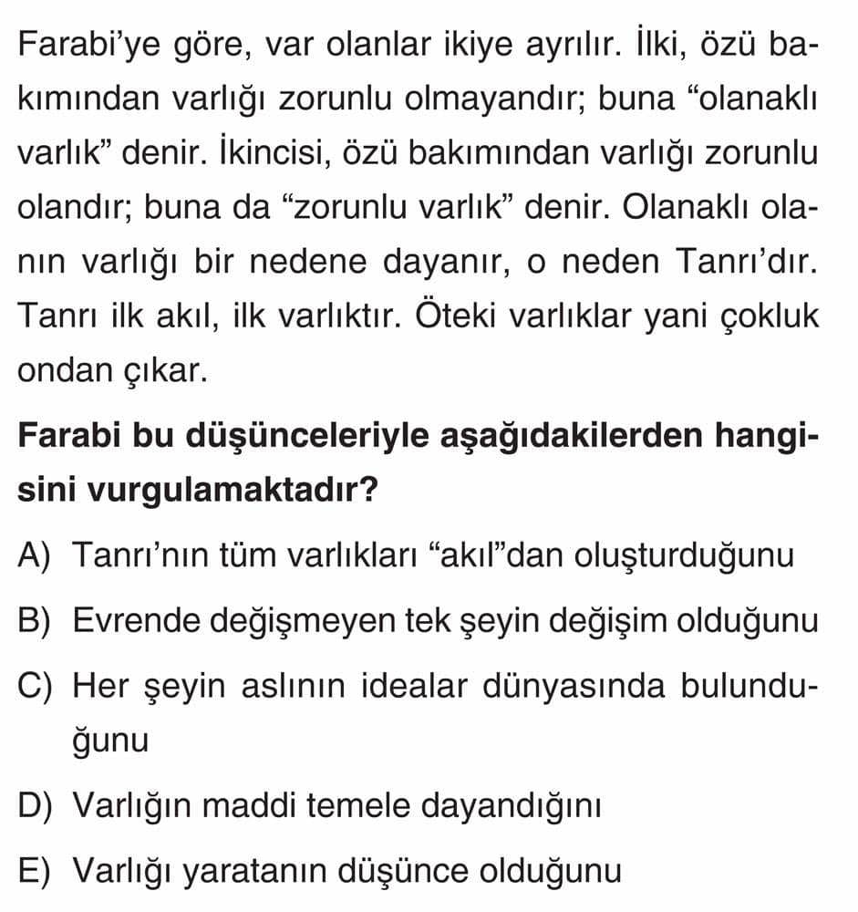 Farabi'ye göre, var olanlar ikiye ayrılır. İlki, özü bakımından varlığı zorunlu olmayandır; buna