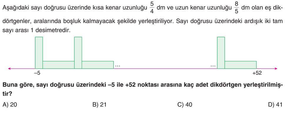 Aşağıdaki sayı doğrusu üzerinde kısa kenar uzunluğu 5/4 dm ve uzun kenar uzunluğu 8/5 dm olan eş
