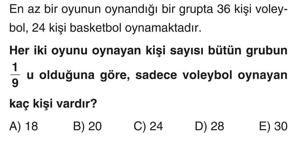 En az bir oyunun oynandığı bir grupta 36 kişi voleybol, 24 kişi basketbol oynamaktadır. Her iki