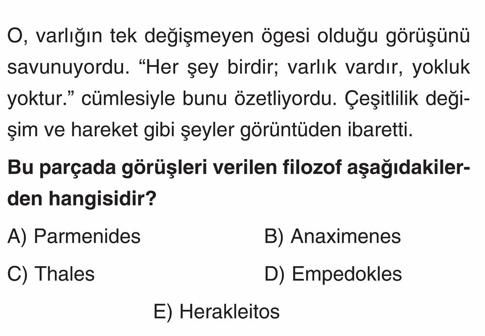 O, varlığın tek değişmeyen ögesi olduğu görüşünü savunuyordu. "Her şey birdir; varlık vardır, yokluk