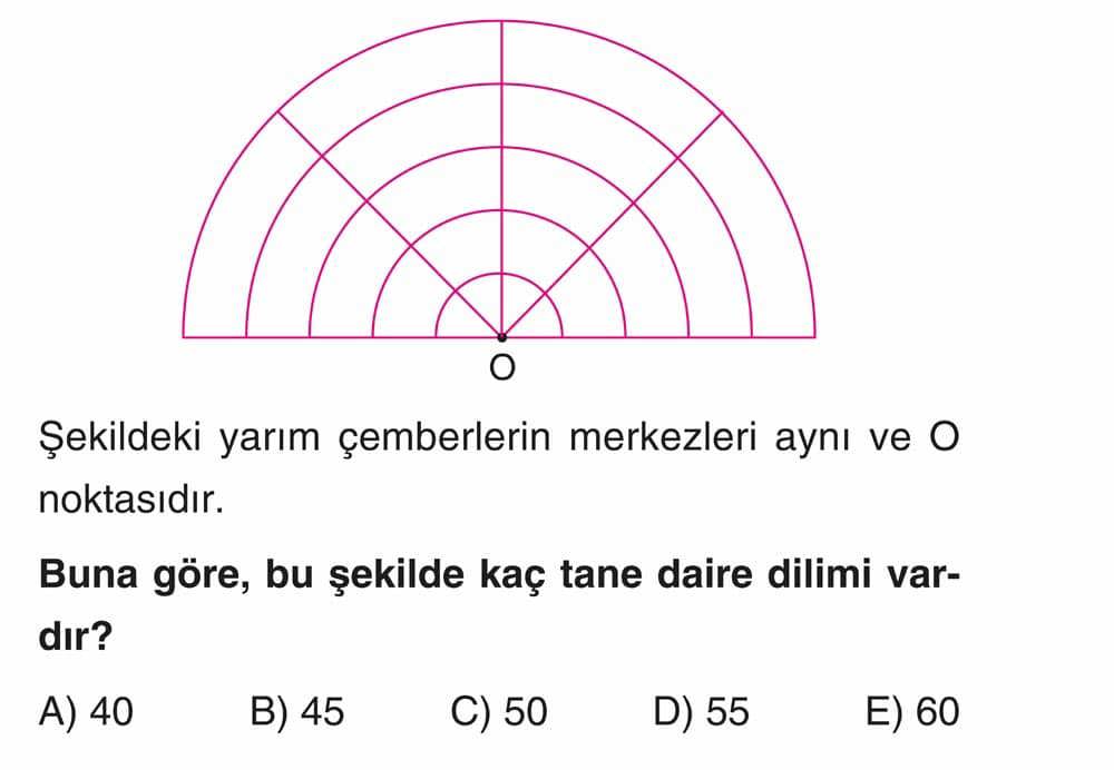 Şekildeki yarım çemberlerin merkezleri aynı ve O noktasıdır. Buna göre, bu şekilde kaç tane daire