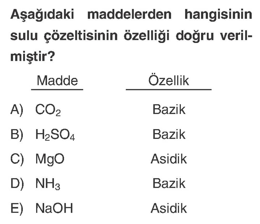 Aşağıdaki maddelerden hangisinin sulu çözeltisinin özelliği doğru verilmiştir? Madde Özellik