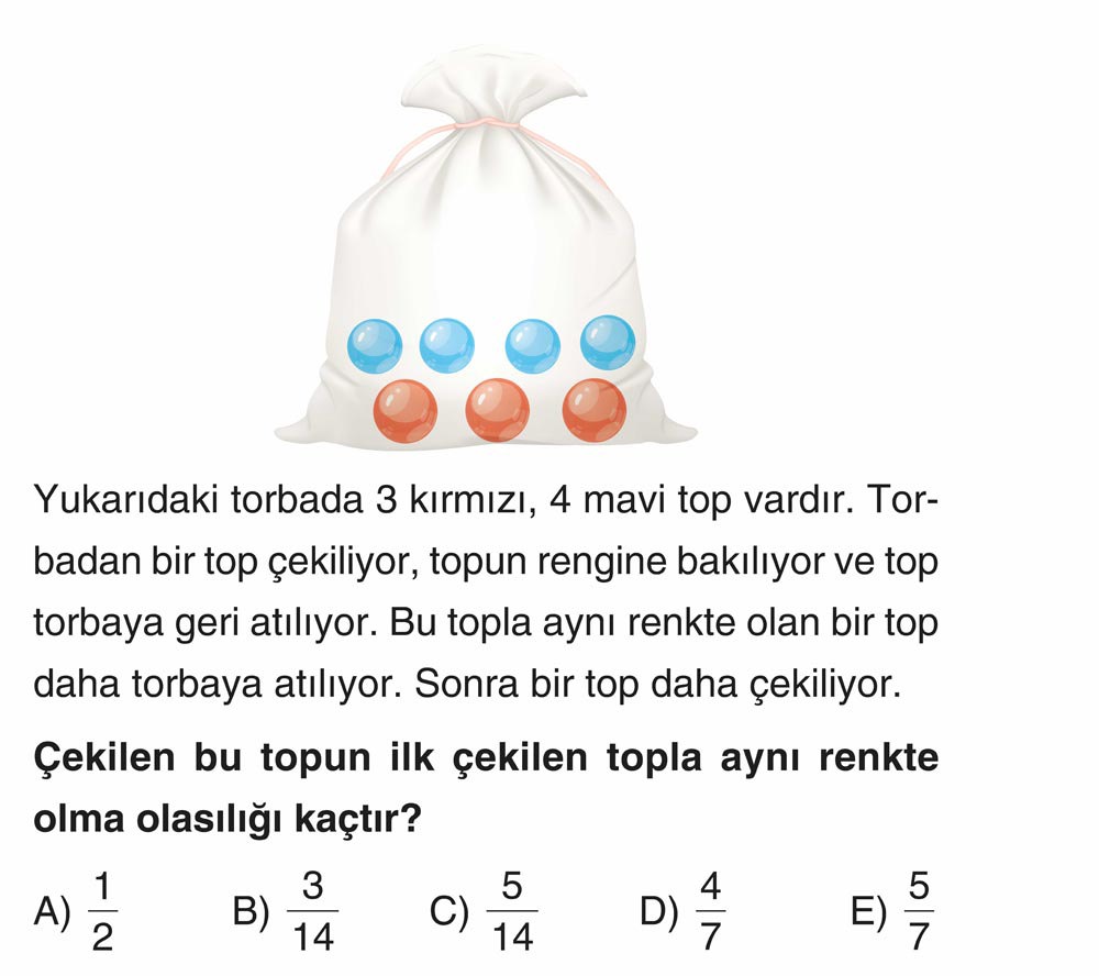 Yukarıdaki torbada 3 kırmızı, 4 mavi top vardır. Torbadan bir top çekiliyor, topun rengine bakılıyor