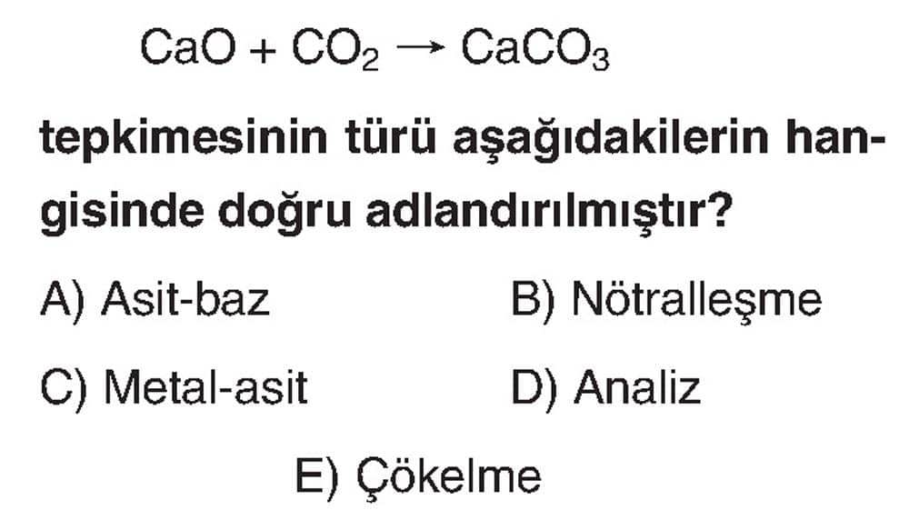 CaO + CO₂ → CaCO₃ tepkimesinin türü aşağıdakilerin hangisinde doğru adlandırılmıştır?
