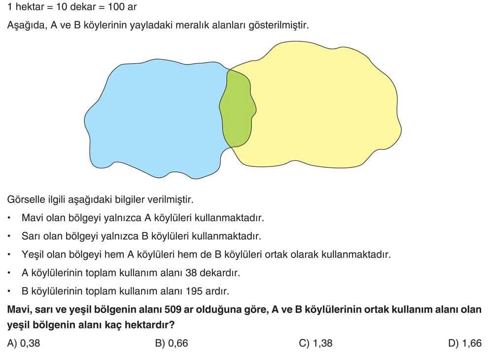 1 hektar = 10 dekar = 100 ar Aşağıda, A ve B köylerinin yayladaki meralık alanları gösterilmiştir