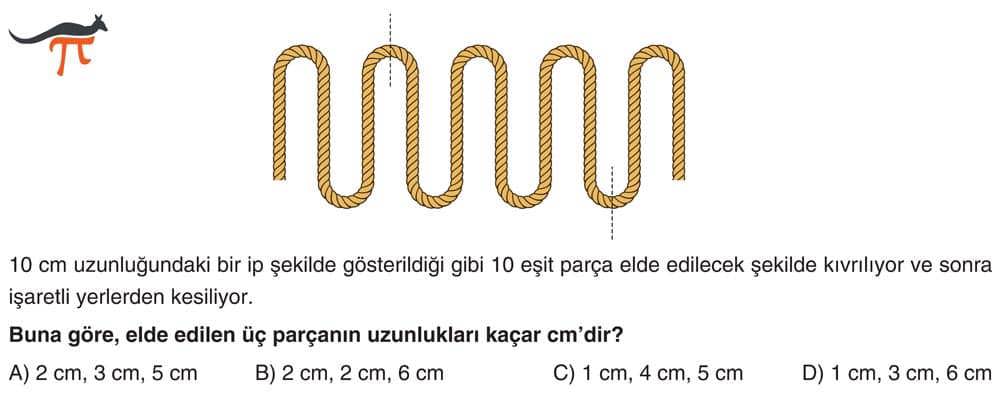 10 cm uzunluğundaki bir ip şekilde gösterildiği gibi 10 eşit parça elde edilecek şekilde kıvrılıyor