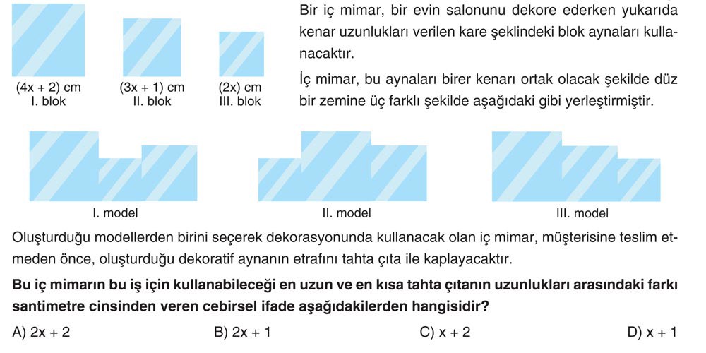 Bir iç mimar, bir evin salonunu dekore ederken yukarıda kenar uzunlukları verilen kare şeklindeki
