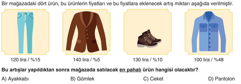 Bir mağazadaki dört ürün, bu ürünlerin fiyatları ve bu fiyatlara eklenecek artış miktarı aşağıda