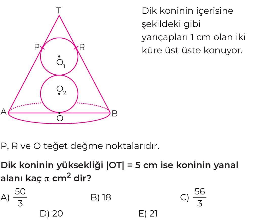 Dik koninin içerisine şekildeki gibi yarıçapları 1 cm olan iki küre üst üste konuyor. P, R ve O