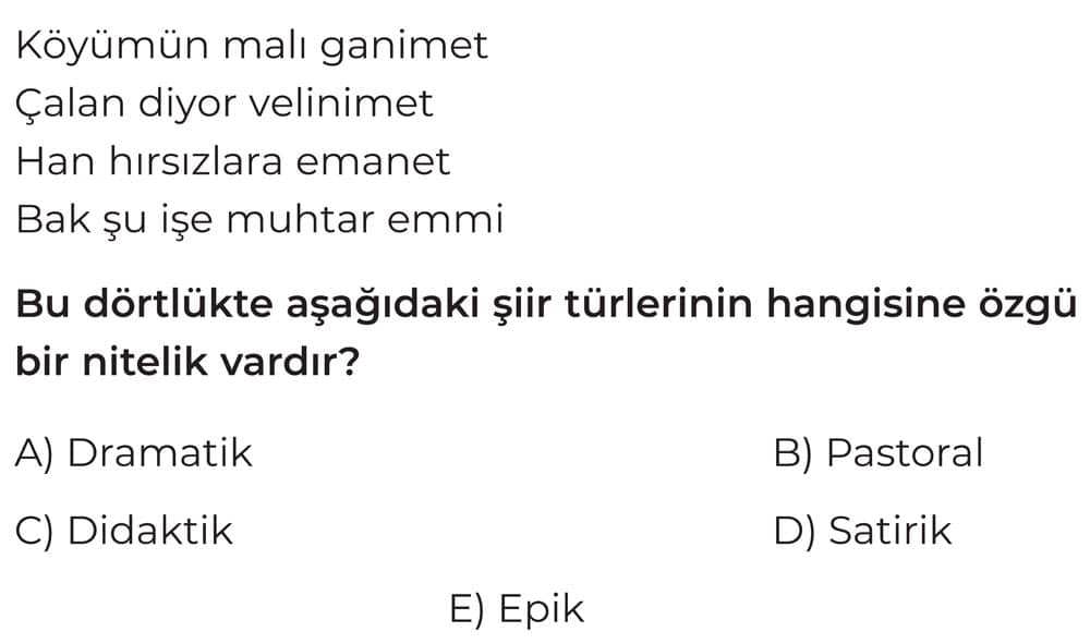 Köyümün malı ganimet Çalan diyor velinimet Han hırsızlara emanet Bak şu işe muhtar emmi Bu dörtlükte