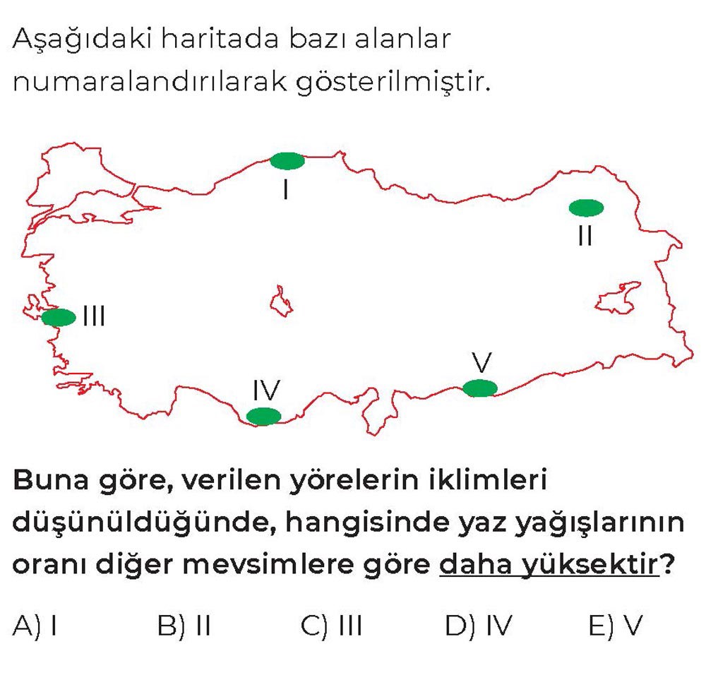 Aşağıdaki haritada bazı alanlar numaralandırılarak gösterilmiştir. Buna göre, verilen yörelerin iklimleri düşünüldüğünde