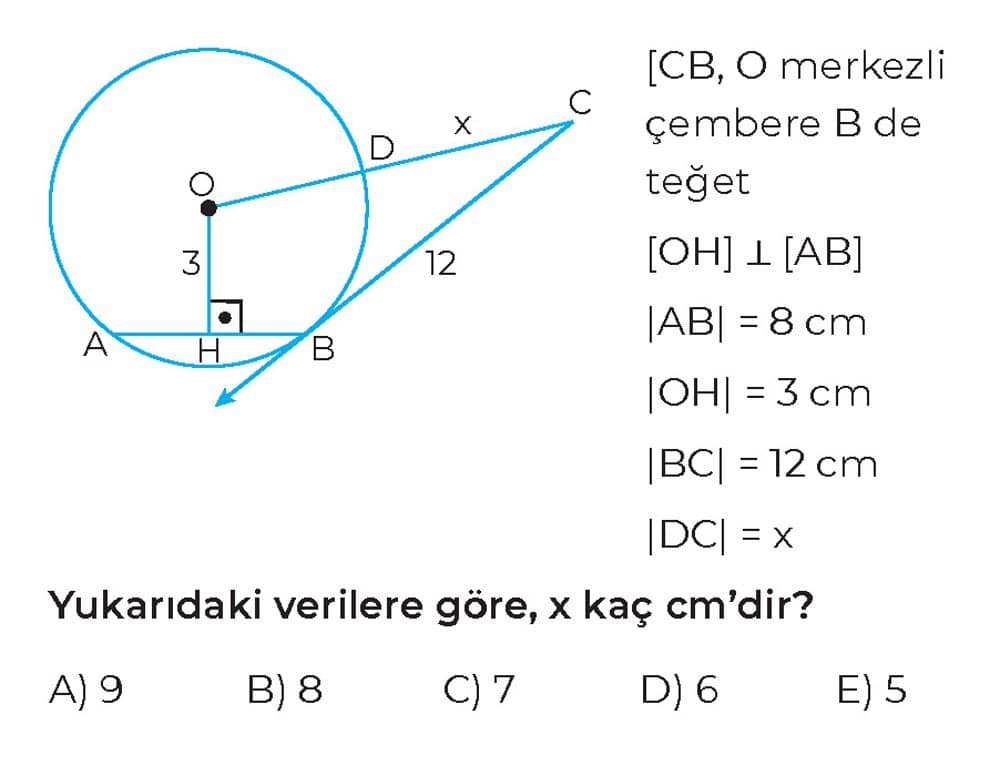 [CB, O merkezli çembere B de teğet [OH] ⊥ [AB] |AB| = 8 cm |OH| = 3 cm |BC| = 12 cm |DC| = x