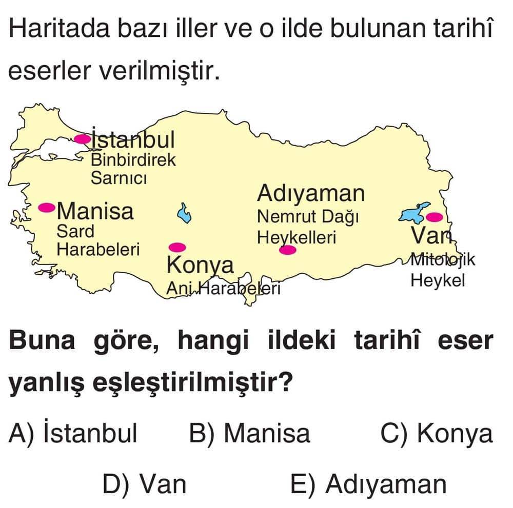 Haritada bazı iller ve o ilde bulunan tarihî eserler verilmiştir. Buna göre, hangi ildeki tarihî